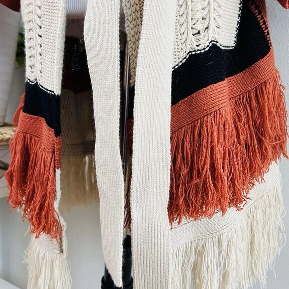 Cato XL Boho Fringe Cardigan Belted Colorblock Rust Cream Black - Picture 3 of 8
